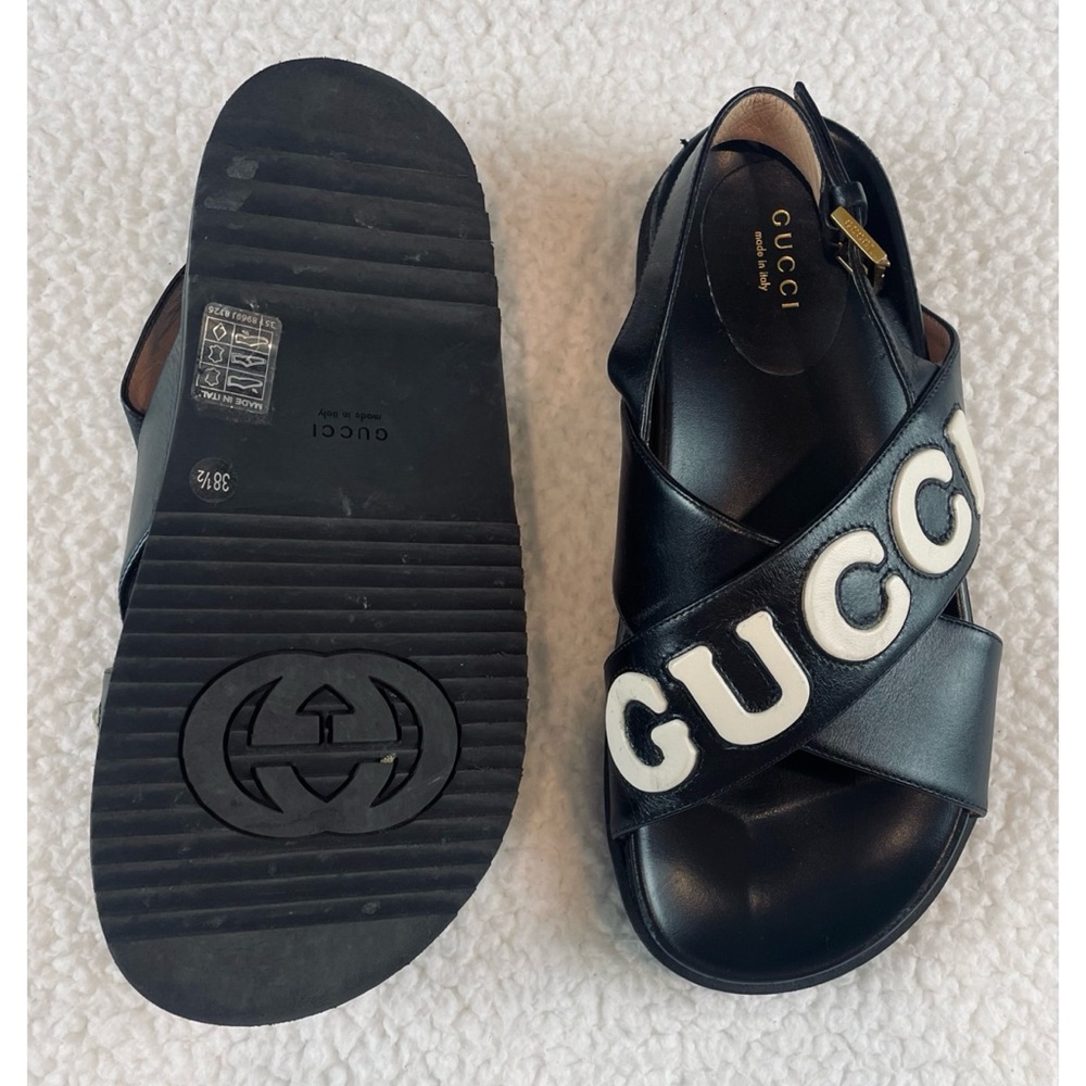 GUCCI • Black Ornella Logo Appliqué Crossover Leather Slingback Sandals, 8.5 - Picture 3 of 16